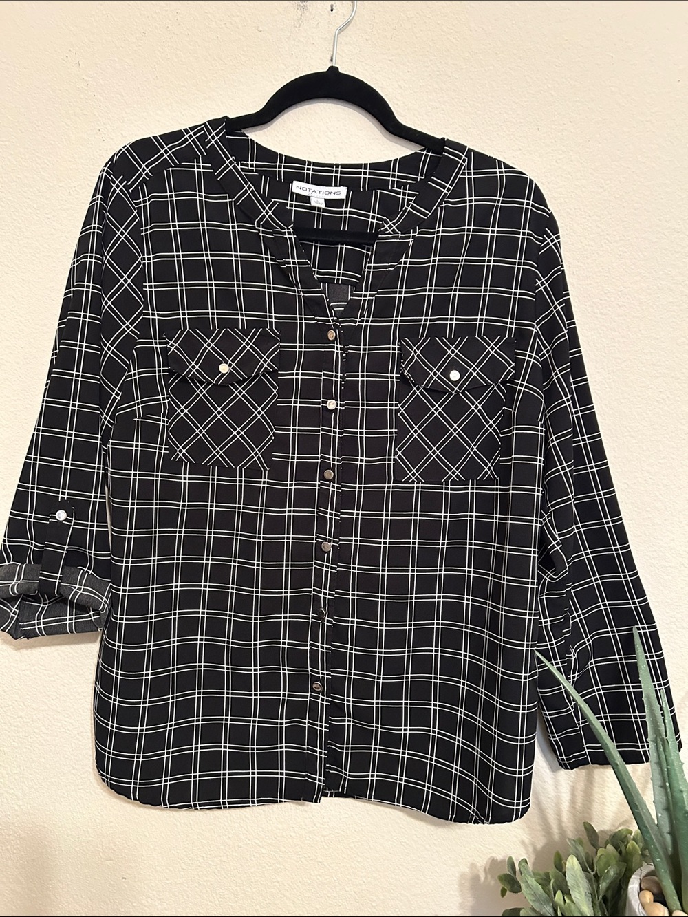 Notations Black and White Windowpane Button-Front Blouse/Jacket